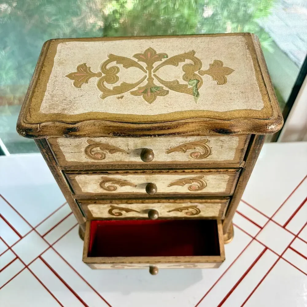 Vintage Mele Japan 4 Drawer Musical Jewelry Box Florentine Gold Red Velvet